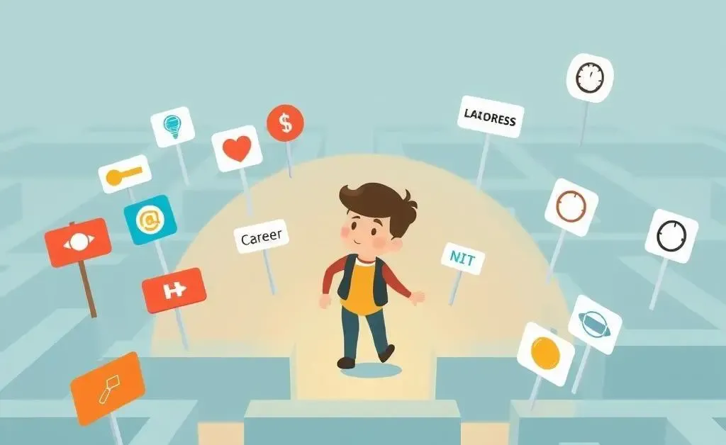 A person navigating through a labyrinth with career signs