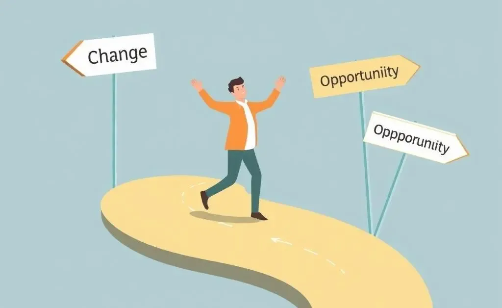 Illustration of a person confidently navigating a winding path with signs pointing to change and opportunity.