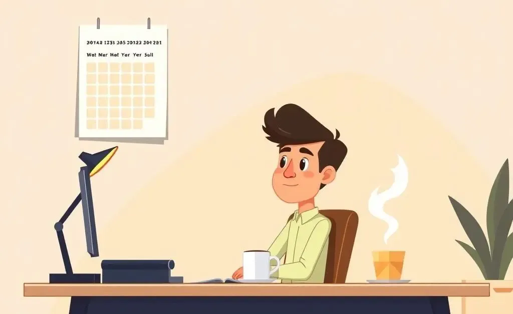 Person contemplating at desk with calendar and coffee