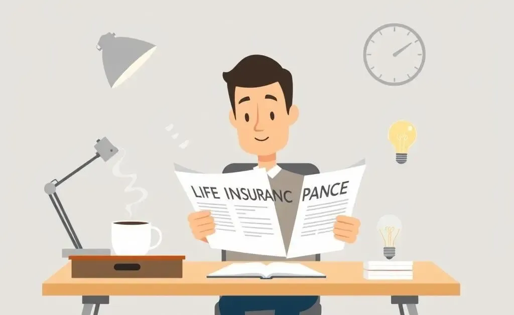 Person reading a life insurance document at a desk