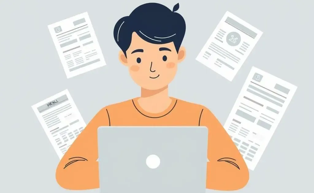 A person using a laptop, surrounded by medical bills and financial documents.