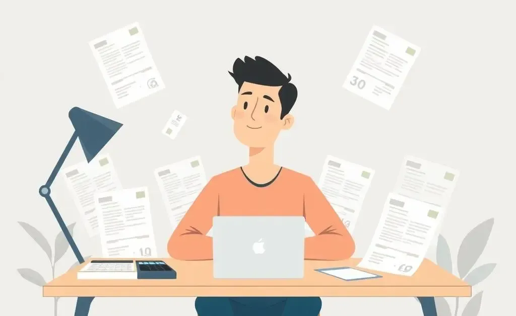Person thoughtfully managing medical debt at a desk with bills and calculator