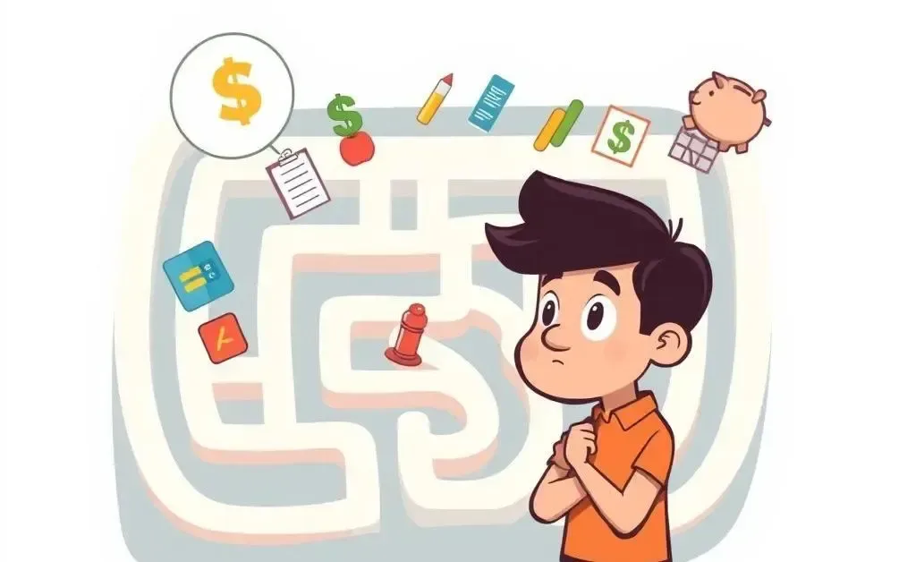 A cartoon-style person at a maze with financial symbols