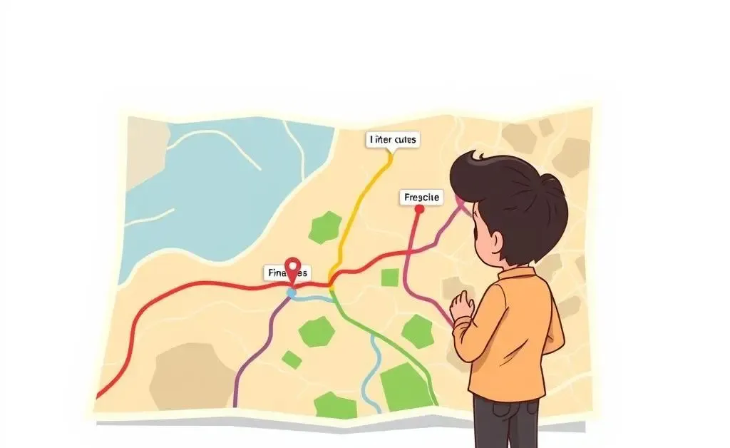 Cartoon illustration of a person looking at a map with financial options.