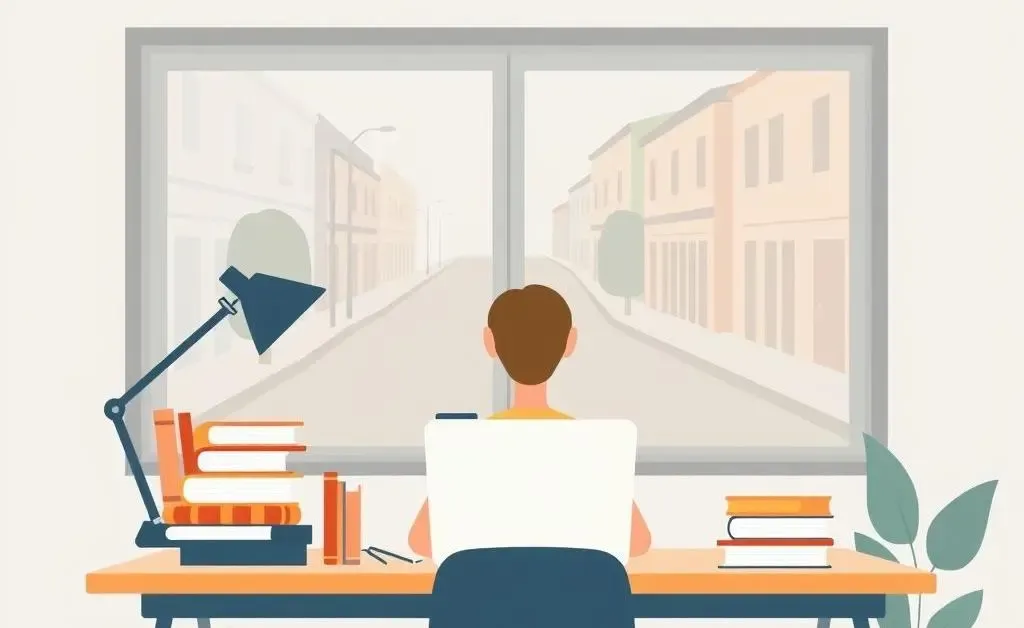 Person planning finances at a desk with a calm street view