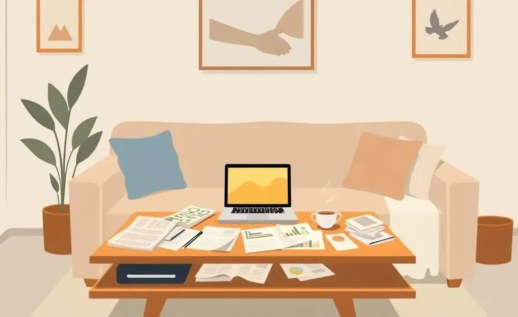 Living room with financial papers and a laptop
