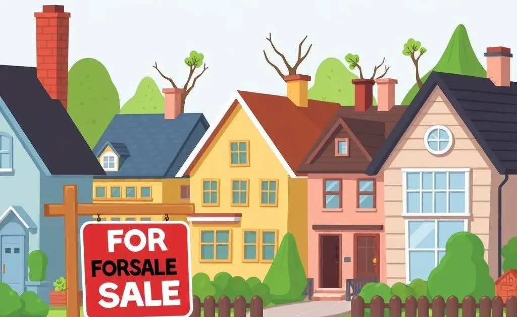 A quirky neighborhood with a For Sale sign and older houses