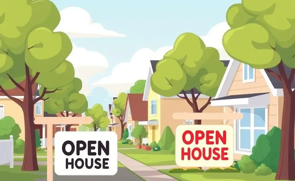 Cartoon of a neighborhood with a welcoming open house sign