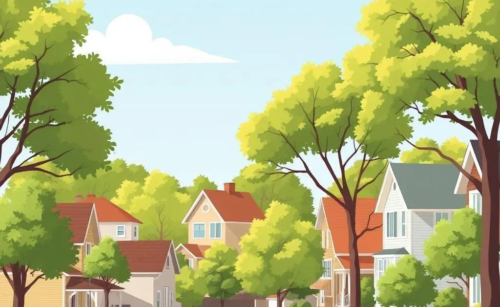 A cozy neighborhood street with various houses.