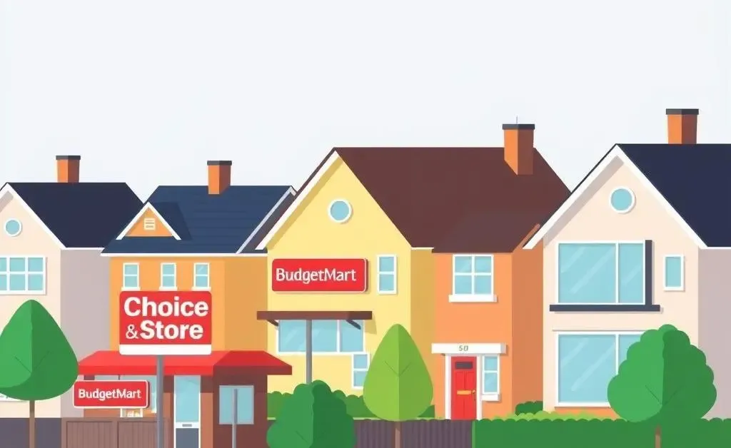 An illustration of a neighborhood with different supermarket signs alongside houses.