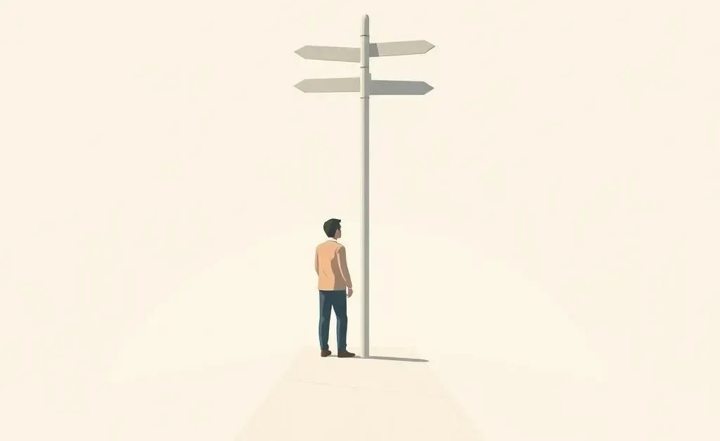 A person standing on a clear path with crossroads signpost, symbolizing choice and direction.