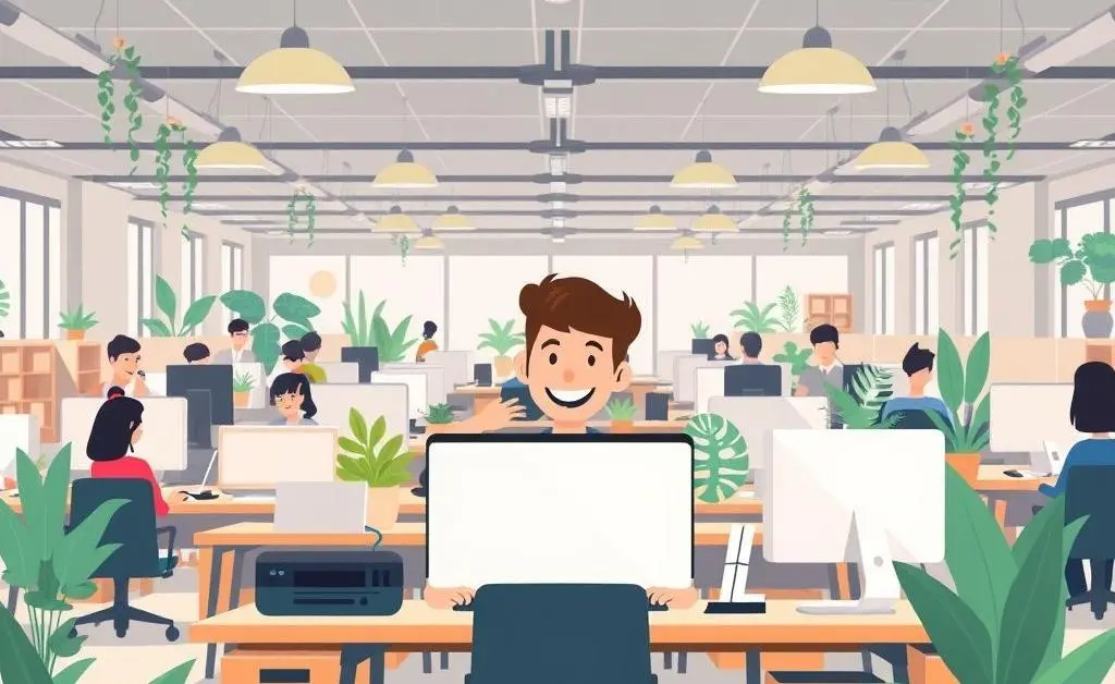 A content employee working at a desk with a laptop and no phone