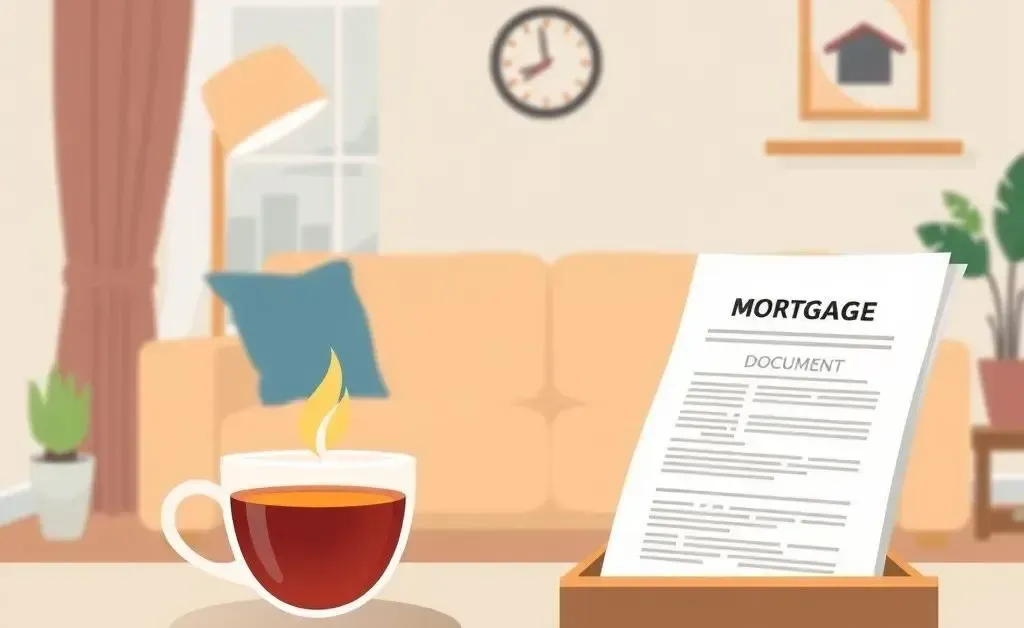 A cozy living room with a warm cup of tea and a mortgage document