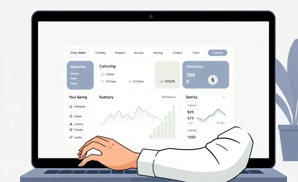 User peacefully navigating a stylish online banking interface on a laptop