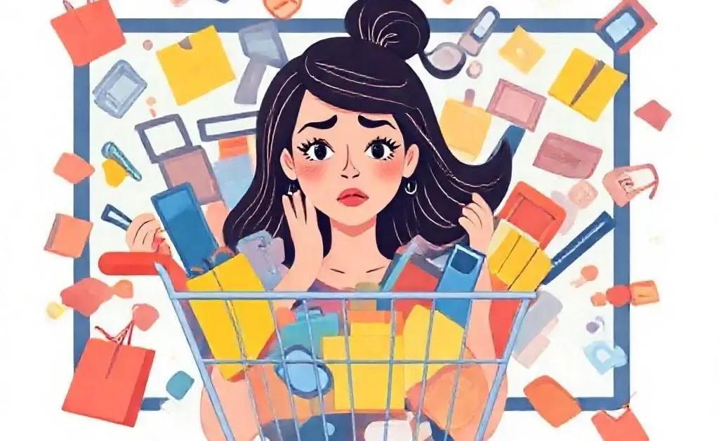 A cartoon woman struggling with online shopping temptations