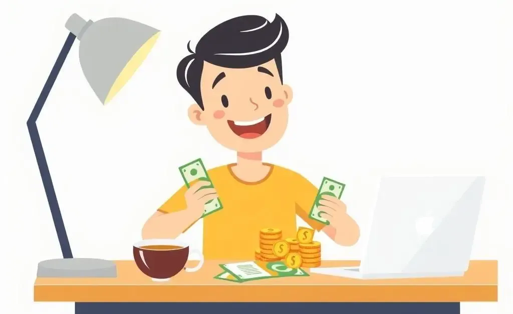 Person happily organizing budget at a desk