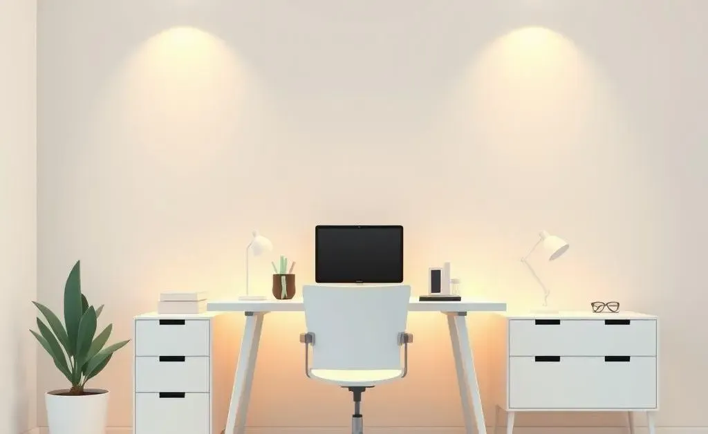 A calm and organized workspace with a glowing peaceful ambiance