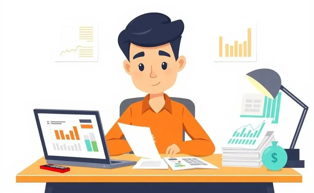 Cartoon of a person organizing their budget at a desk with papers and a computer.