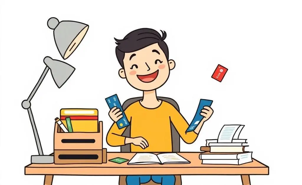 Illustration of a person organizing credit cards and rewards on a desk