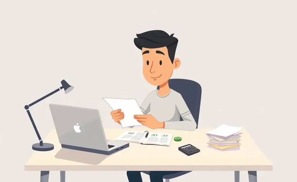 Illustration of a person organizing finances at a desk