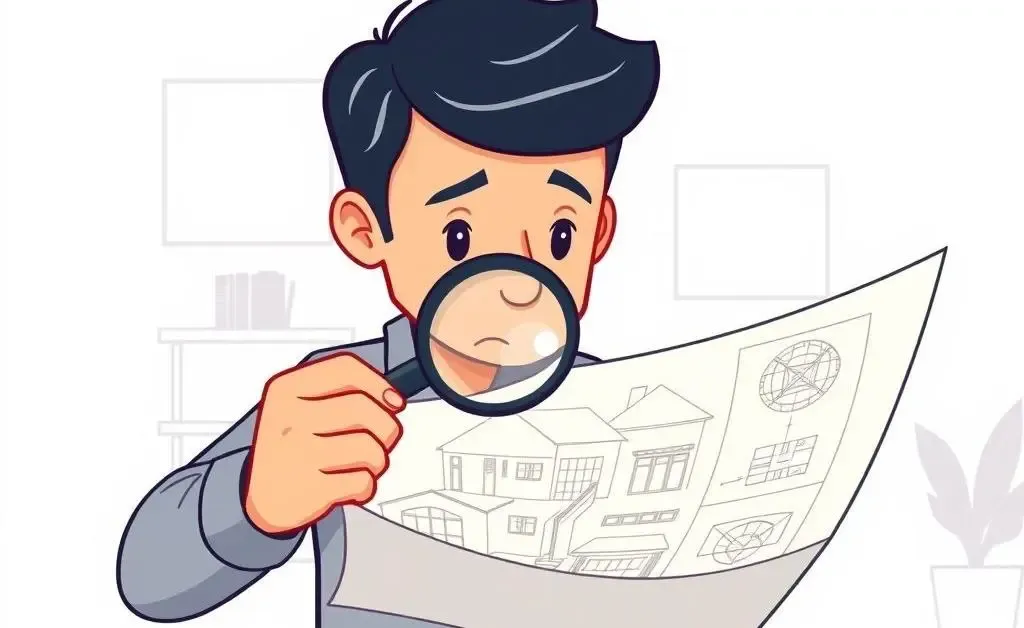 A cartoon-style image depicting a person examining house blueprints closely.