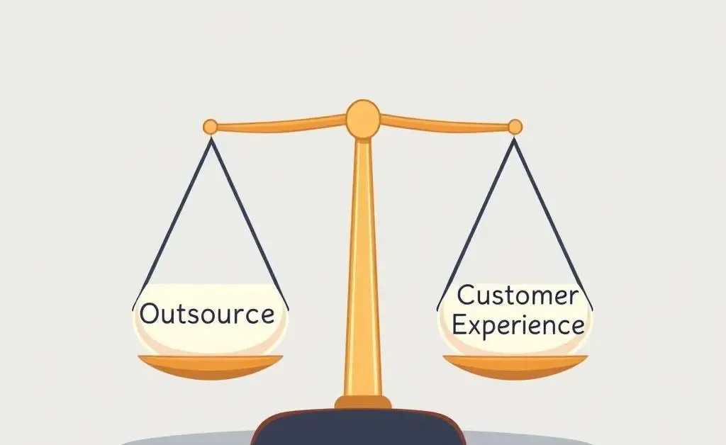 A balance scale illustrating the relationship between outsourcing and customer experience