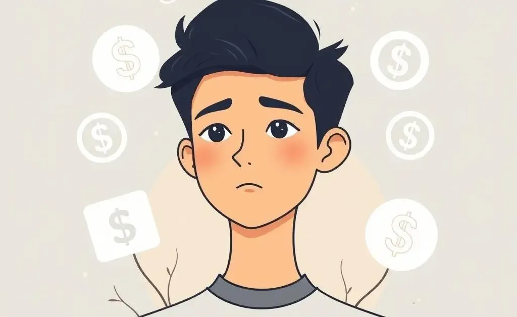 A cartoon-style image of a young person contemplating their finances