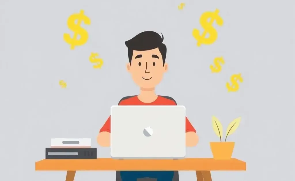 Person at desk with laptop and dollar signs representing online income