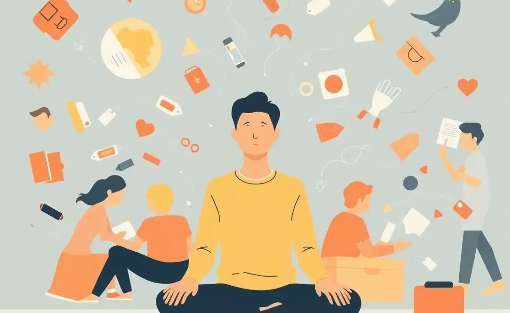 A calm person sitting amid chaos symbolizing patience.