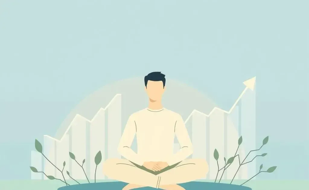 A peaceful scene with a person pausing amid financial graphs