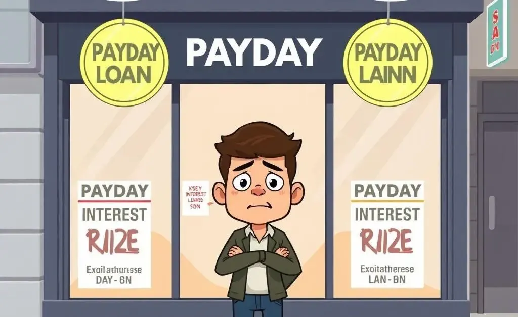 A person looking concerned in front of a payday loan shop with high-interest rate signs.