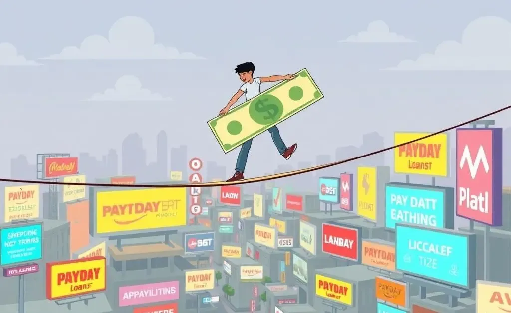 A cartoon person balancing on a tightrope made of dollar bills above payday loan signs.
