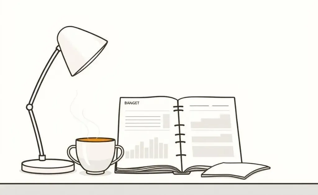 A calming desk with a budget planner and a cup of tea