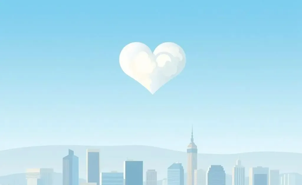 Peaceful cityscape with cloud heart symbol, representing peace of mind in insurance