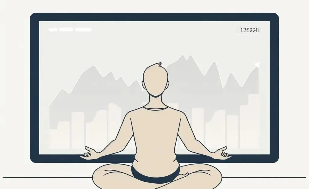 A calm investor meditating with fluctuating stock charts in the background