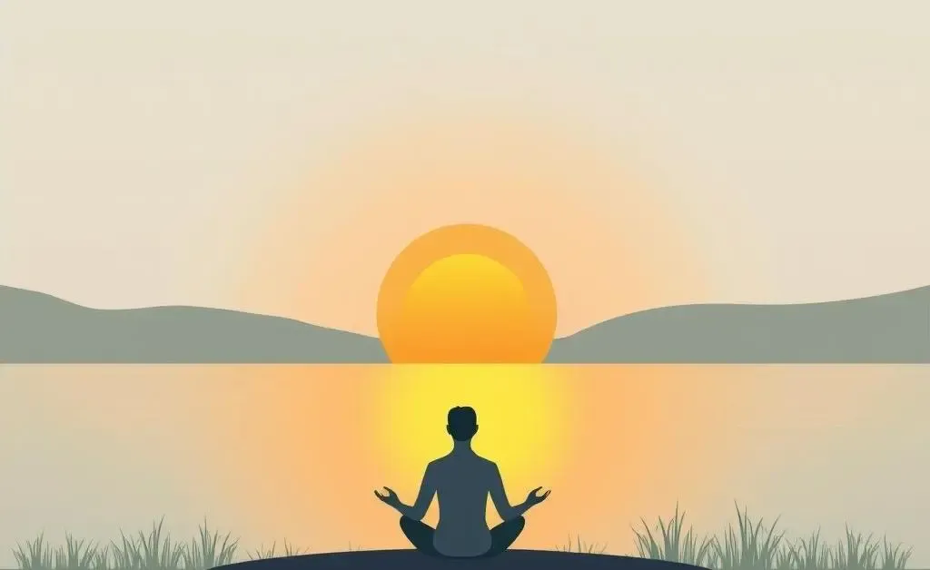 A serene lake with a person meditating at sunrise