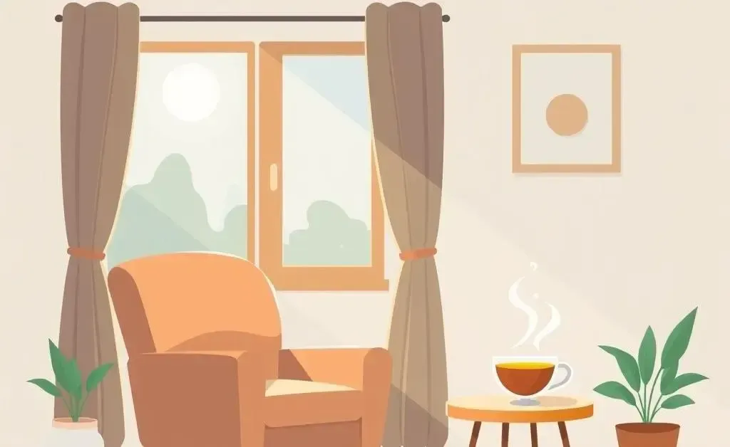 Cartoon-style peaceful living room with sunlight and tea