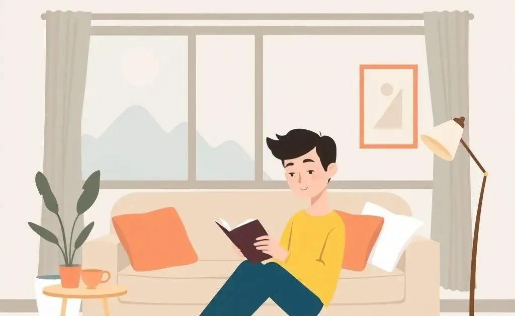 A person enjoying quiet time in a serene living room with a book and coffee.