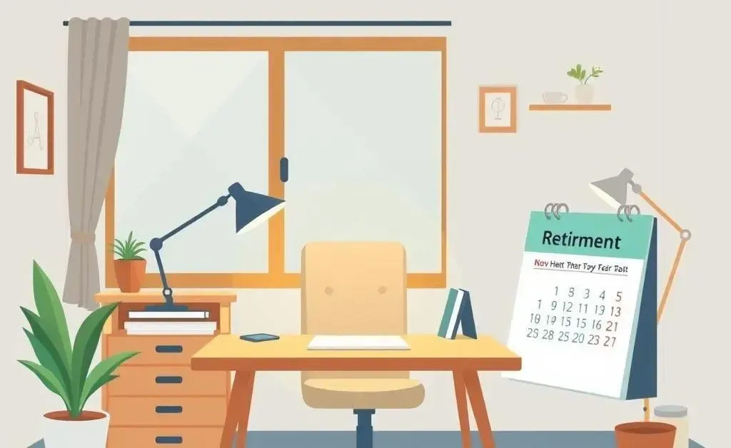 A cartoon-style illustration of a peaceful home office with a calendar marking retirement.
