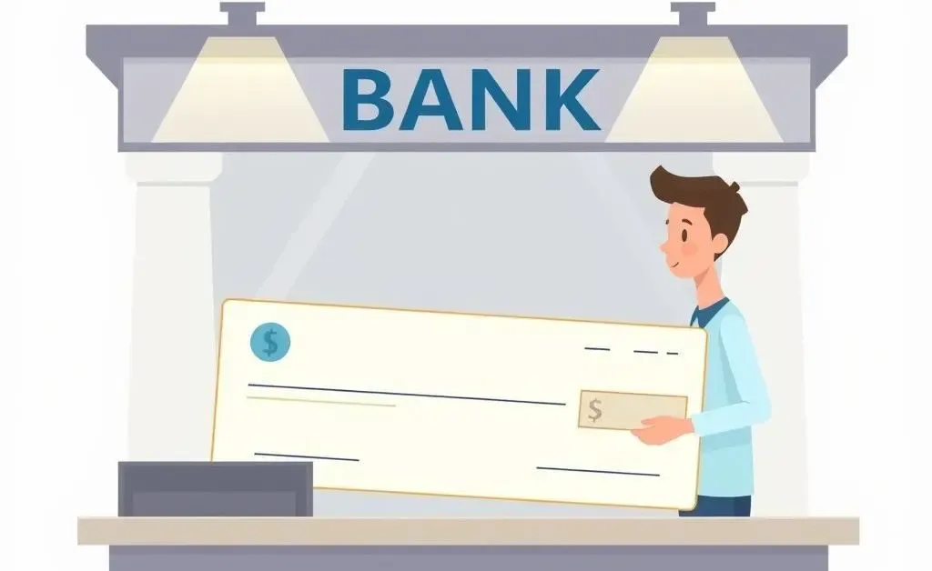 Person depositing a large check at a bank
