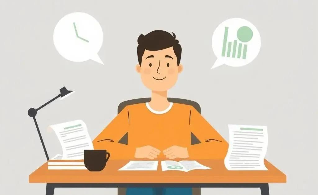 A person calmly managing their finances at a desk.