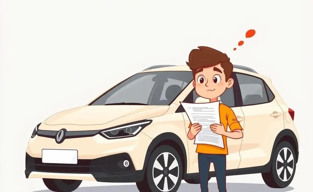 Person puzzled by car insurance papers beside a friend's car.