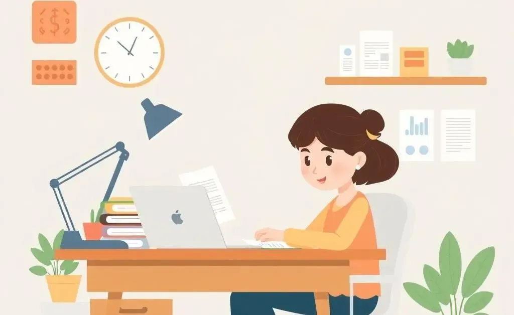 Illustration of a woman managing finances at a desk with a peaceful demeanor