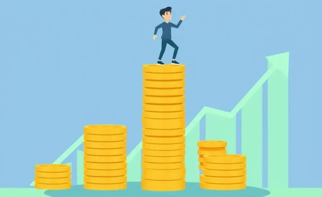 Cartoon of a person balancing coins with a rising graph