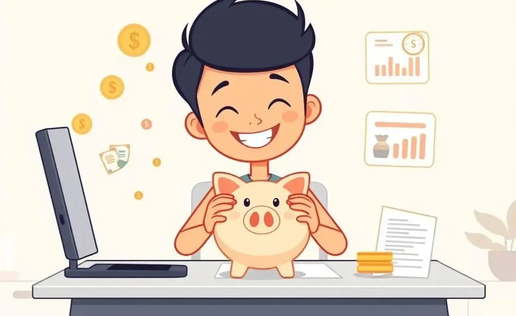 Person sorting finances on a desk with charts and piggy banks