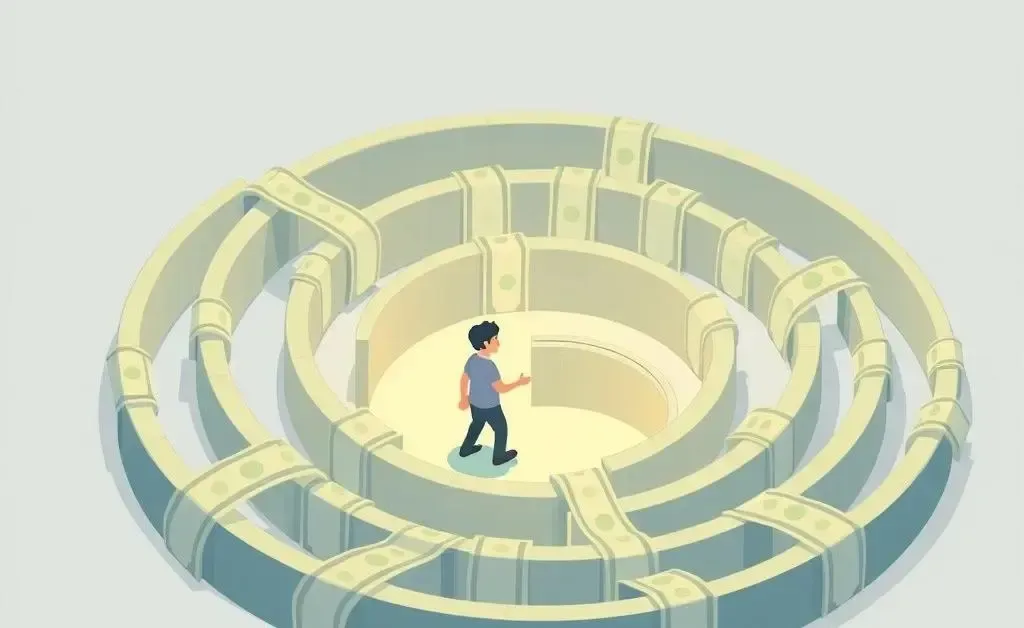 Cartoon of a person navigating through a dollar bill maze