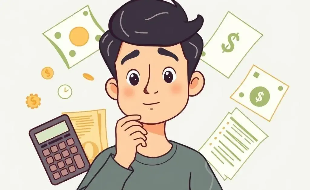 Illustration of a person pondering financial decisions with bills and a calculator