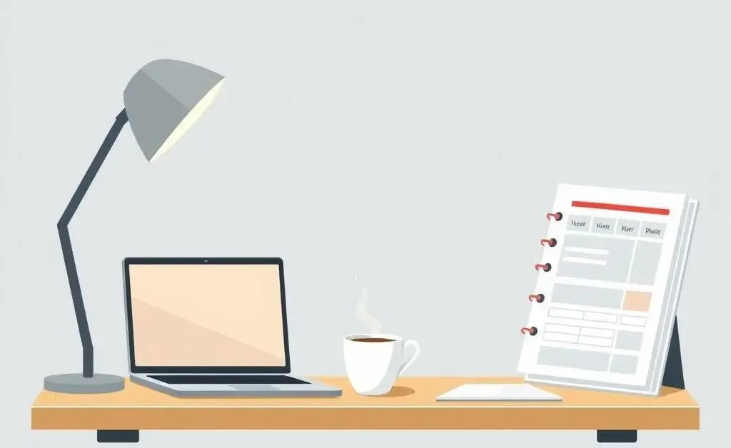 Illustration of a desk with a laptop, coffee, and a budget planner.