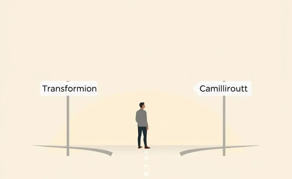 A cartoon person standing at a crossroads with signs pointing to 'Change' and 'Comfort'.