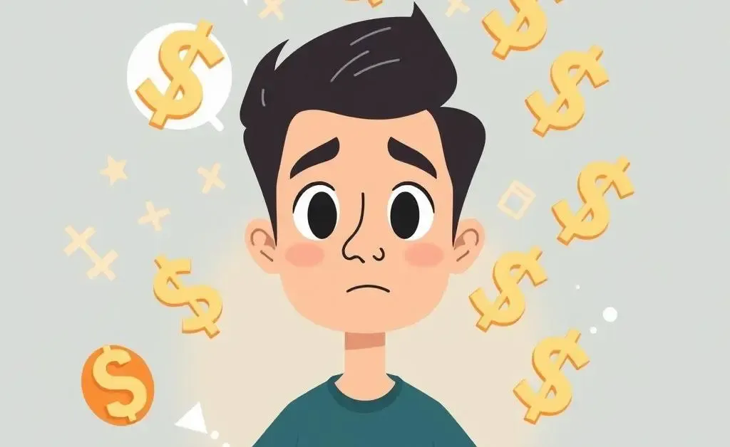 Person surrounded by mathematical symbols and dollar signs with a thoughtful expression